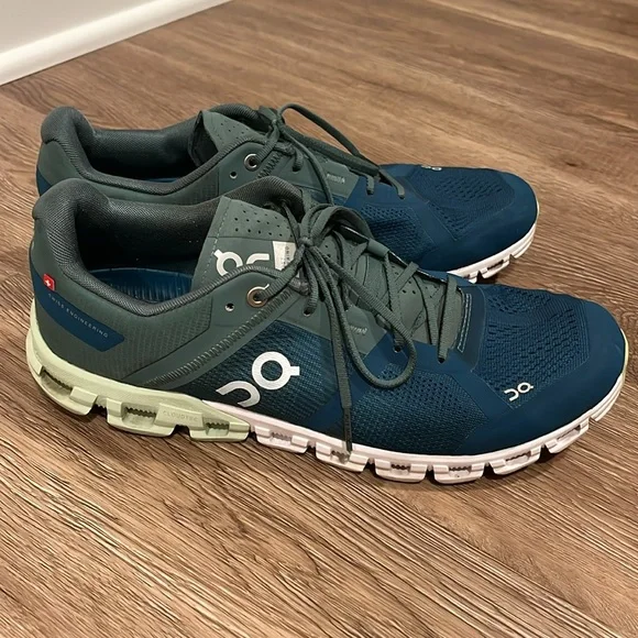 On Running Blue and Green Athletic Shoes with Cloud Cushioning - Picture 2 of 6